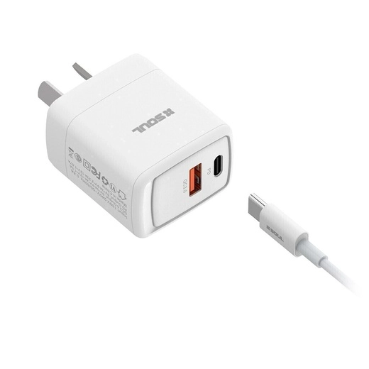 Cargador viajero Soul  PD+USB QC CABLE TYPE-C a TYPE-C