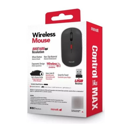 Mouse Inalámbrico Maxell Básico Óptico 1200 Dpi Usb Negro