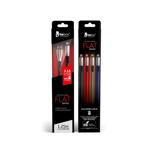 Cable Foxbox Flat Tipo C 3.1 Fast Charge 1.25m Negro